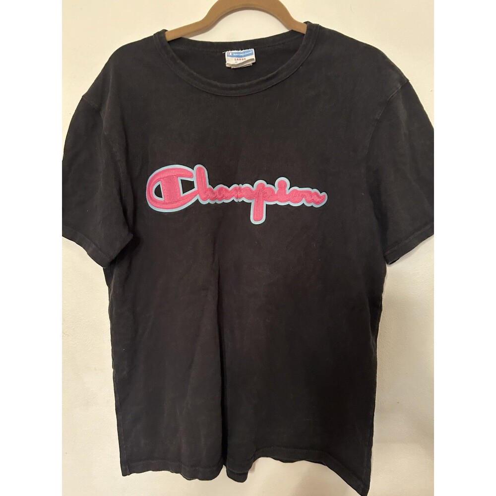 Champion Vtg mens Black T Shirt With Pink Chainstitch Embroidered Logo Size L